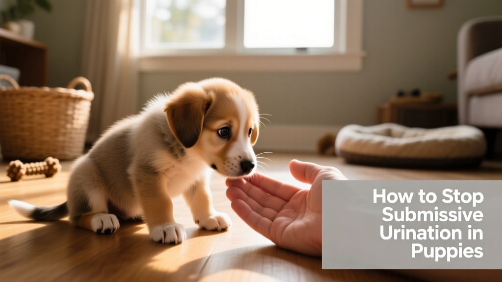 Puppy crouching low with tail tucked while greeting a calm adult hand