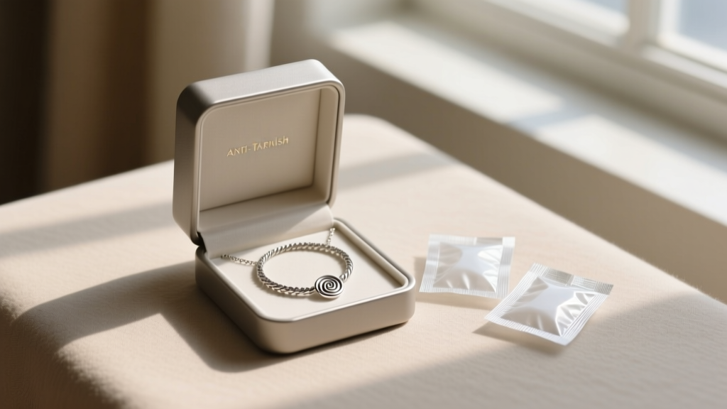 Anti-tarnish jewelry box holding a Venus necklace coiled flat to prevent tangling, alongside silica gel packets in soft lighting.