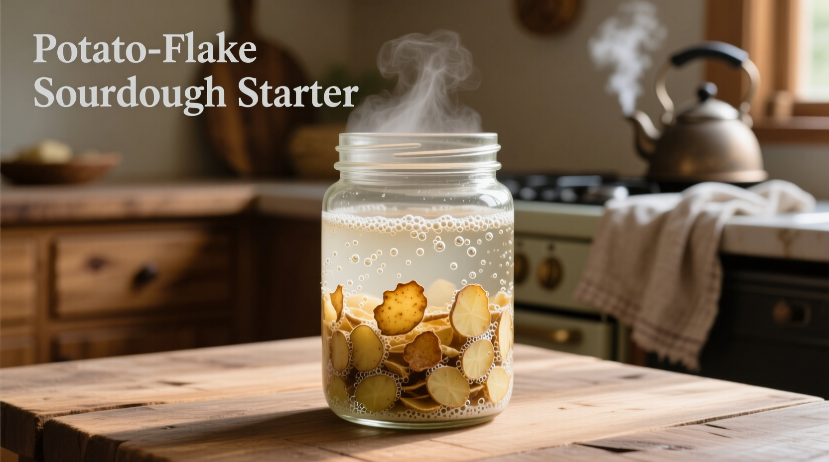 Sourdough starter in jar with potato flakes