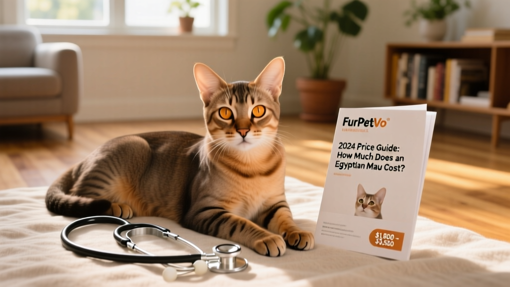 Senior Egyptian Mau resting peacefully beside a stethoscope and a FurPetVo insurance brochure