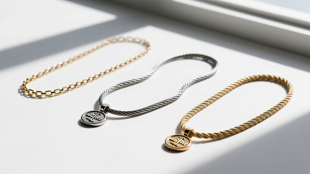 Flat lay of three different Luther seal necklace chain styles including a 1.5mm box chain, 2mm cable chain, and 1mm rope chain