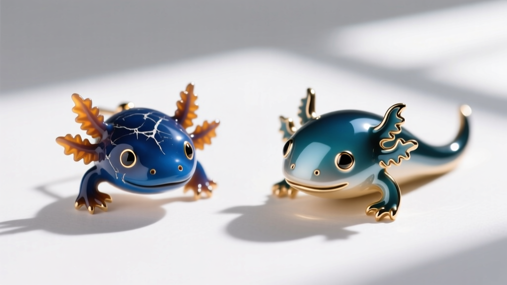 Side-by-side comparison of a scratched soft epoxy axolotl earring and a smooth, polished vitreous enamel axolotl earring.