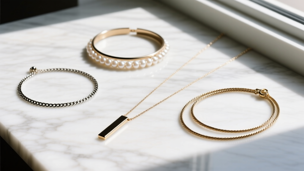 Flat lay of five necklace types including a herringbone chain, micro choker, and opera pearls on a textured white marble surface