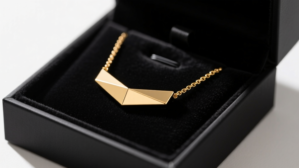 Close-up of a minimalist 18k gold vermeil geometric bar necklace resting on a matte black corporate gift box with velvet insert