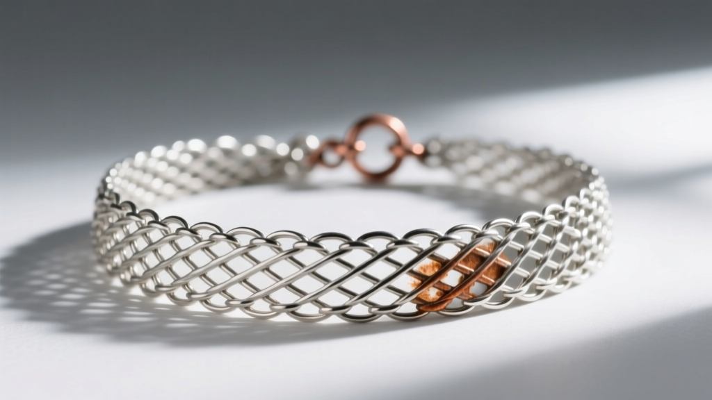 Macro shot of silver vintage mesh necklace weave, showing minor copper bleed oxidation near the original spring ring clasp edge.