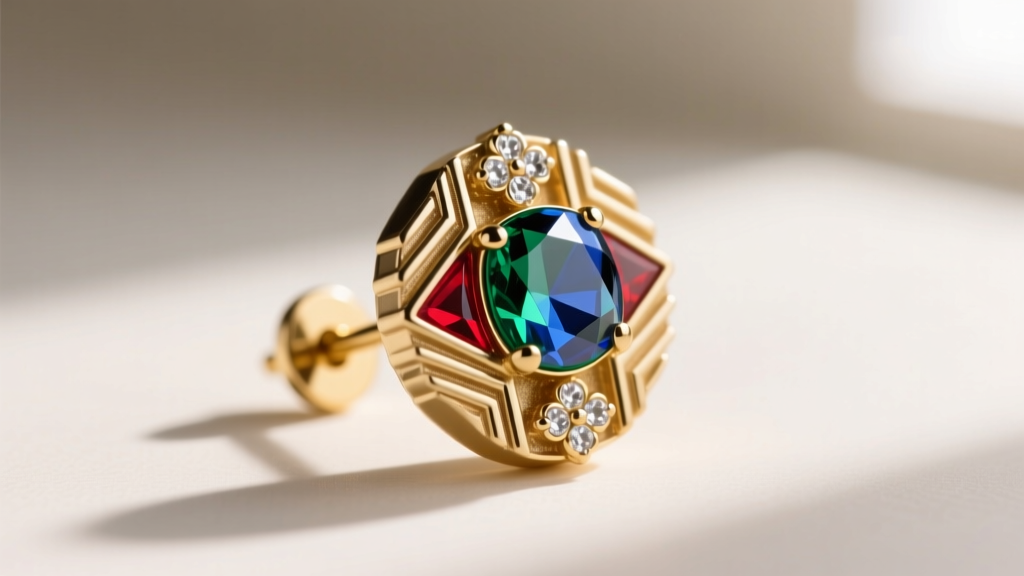 Side profile of a converted Art Deco rhinestone button earring showing a thick 18-gauge gold post and clutch.