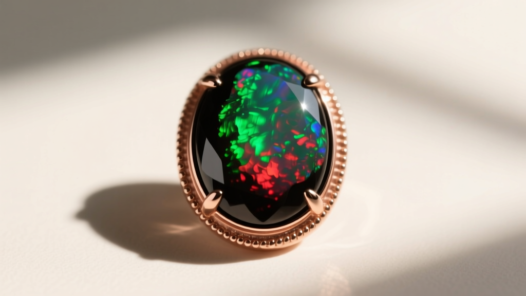 Macro photography of an Australian black opal cabochon in an 18k rose gold bezel, showing vibrant green and red play-of-color.