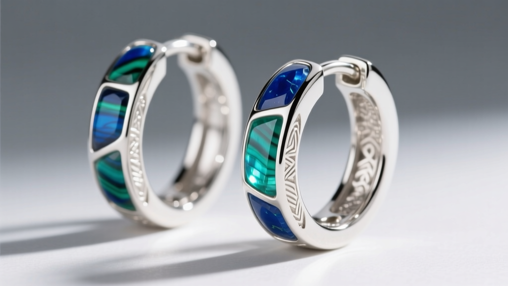 Close-up of polished 925 sterling silver huggie hoops featuring genuine Eilat stone inlays, showing vivid blue and green banding