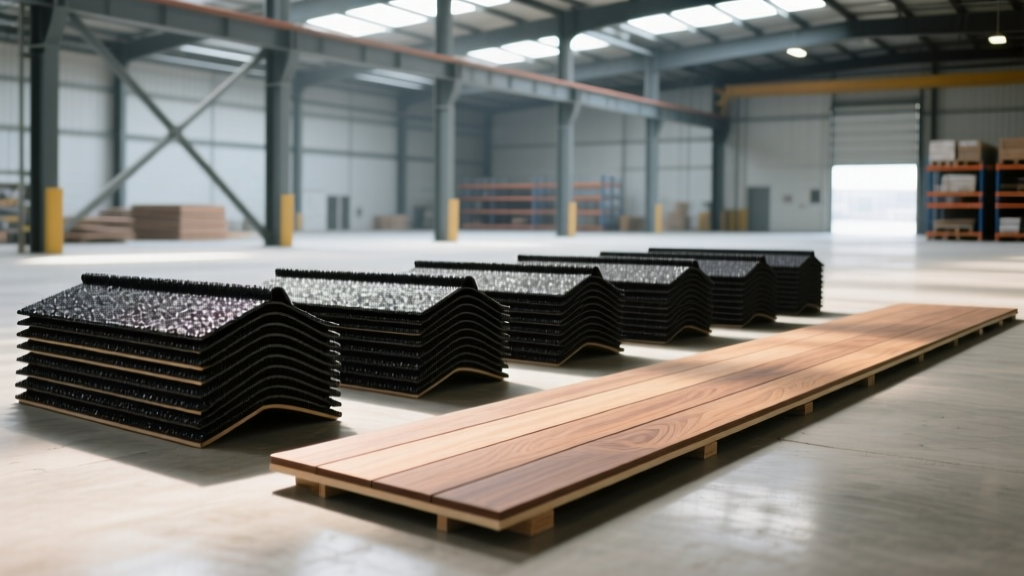 Unopened asphalt shingles and leftover composite decking staged in a warehouse for construction material resale and liquidation.