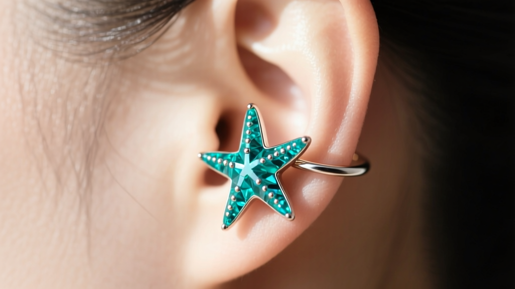 Side profile showing a 16-gauge aquamarine starfish ear cuff on upper helix cartilage, illuminated by soft natural sunlight.