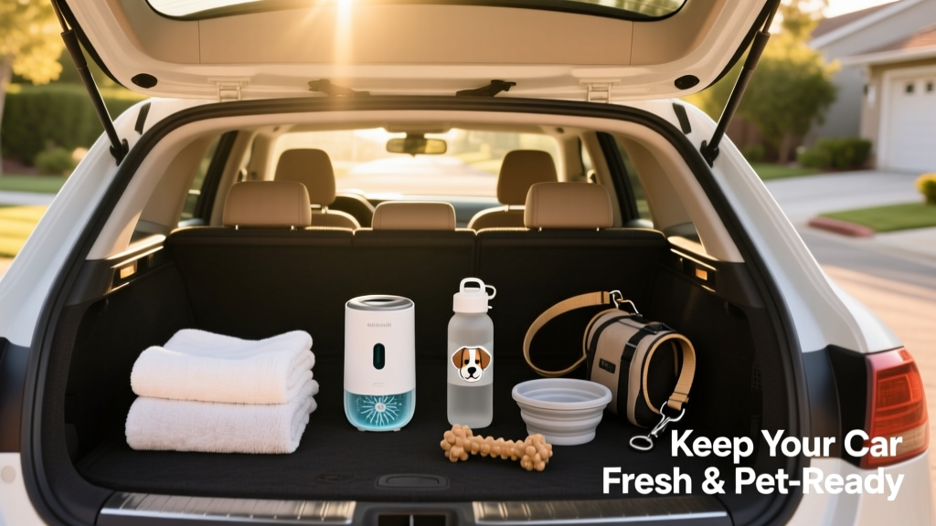 A neatly arranged car trunk with enzyme-based air freshener, towels, water bottle, and dog gear
