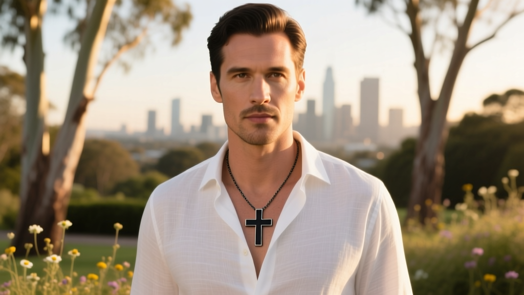 Man wearing a subtle 15mm matte black titanium empty cross necklace over a white linen shirt in natural outdoor sunlight