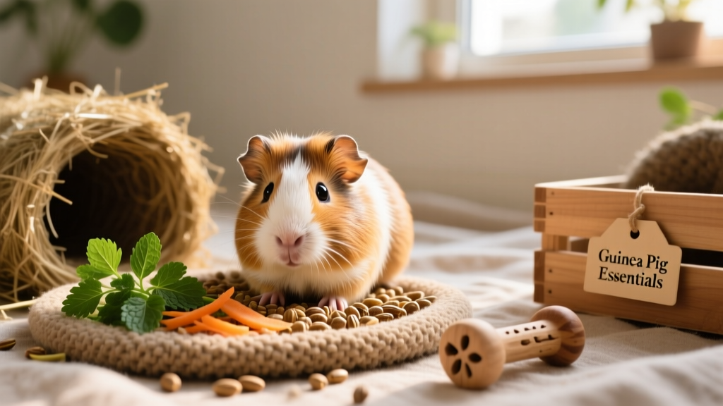 A guinea pig exploring a snuffle mat filled with pellets and fresh herbs, with hay tunnels and wooden chew toys nearby