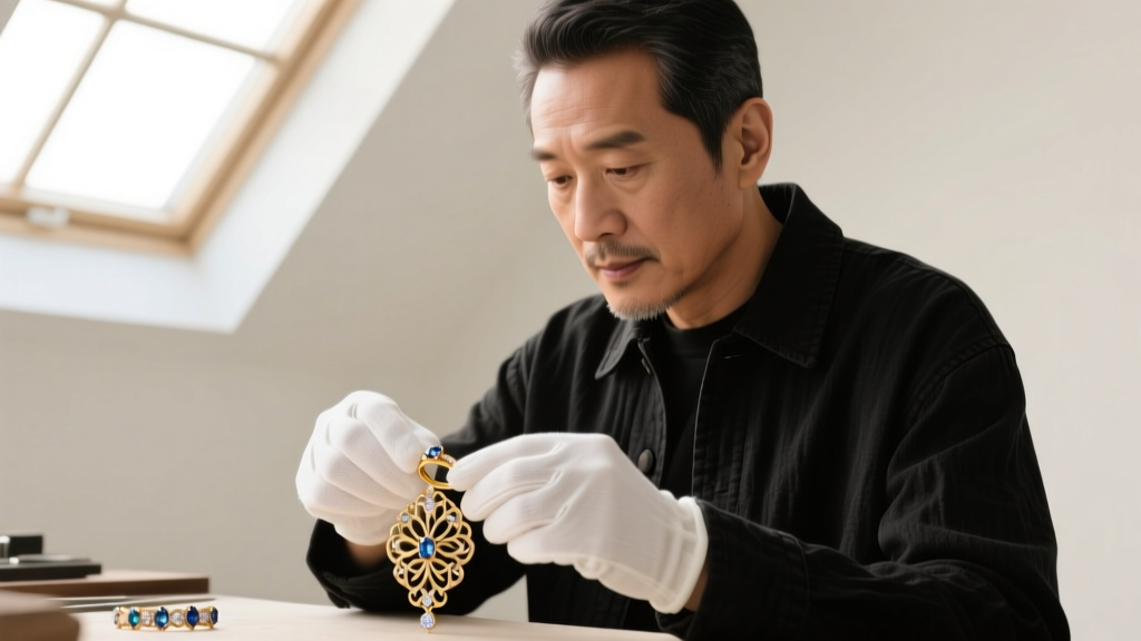 A jeweler's hands using a microfiber cloth to polish a bezel-set citrine pendant necklace hanging over a dark wooden workbench.