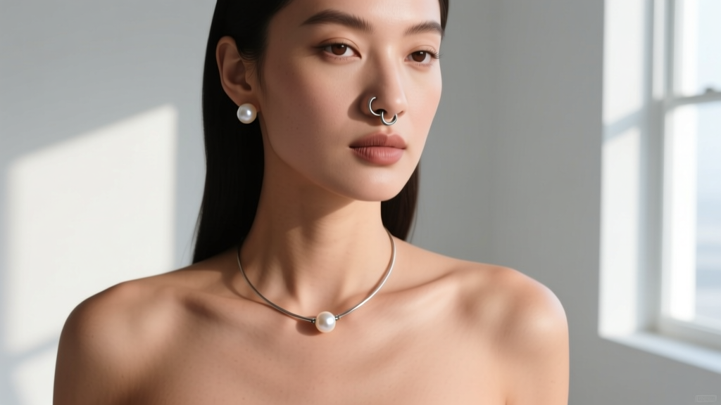 Woman wearing an adjustable non-piercing nipple ring with a pearl accent, showing a comfortable, secure fit against bare skin