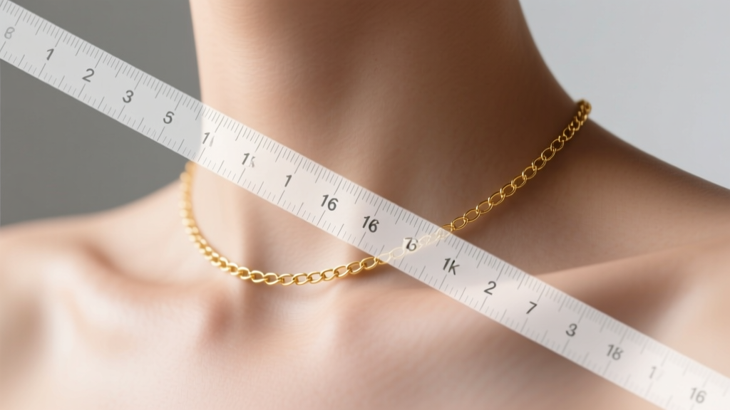 Close-up of a collarbone wearing a delicate 14k gold 16-inch chain with a translucent measuring tape overlay showing length.