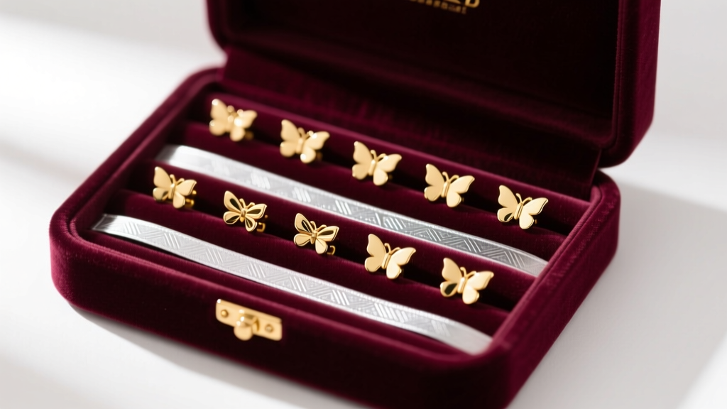 Velvet jewelry box showing anti-tarnish strips and organized gold-plated stud earrings with secure butterfly friction backs inside.