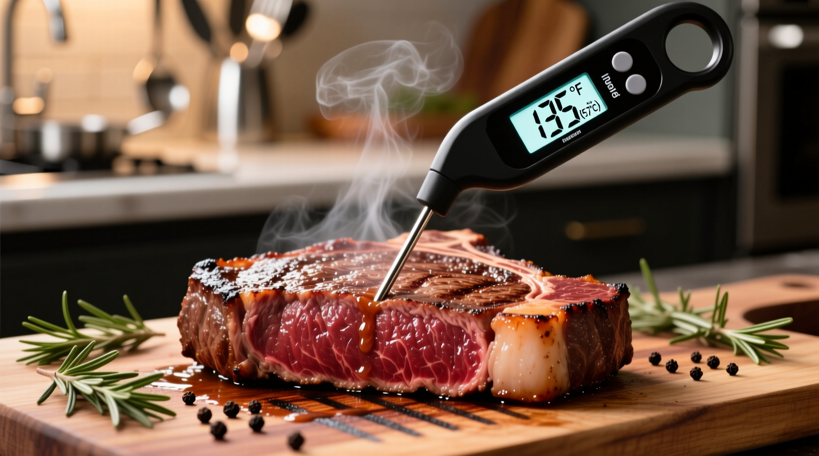 Digital meat thermometer checking steak temperature