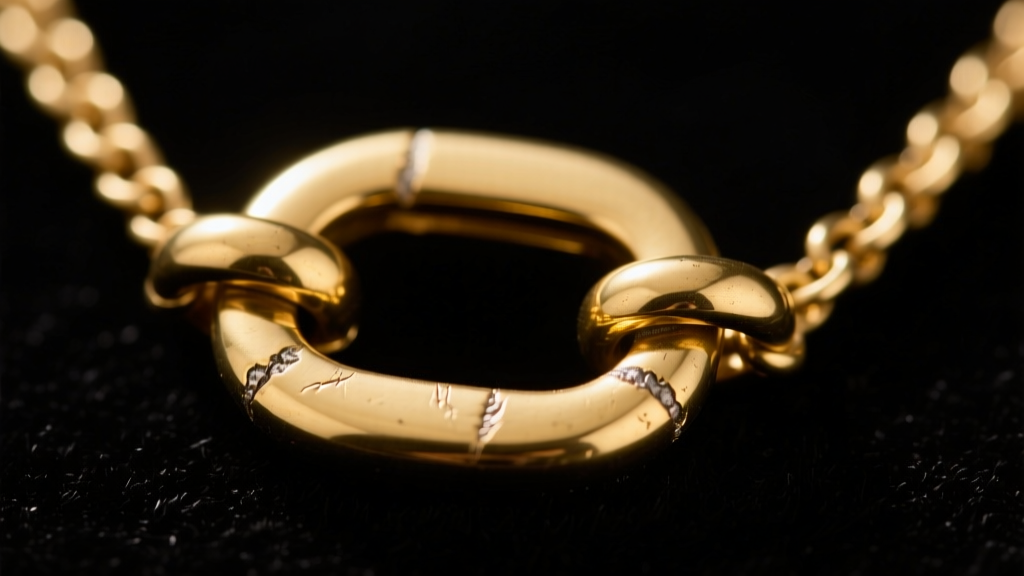 Macro shot of a gold-plated brass fashion necklace clasp showing slight wear on the soldered jump ring against dark velvet.