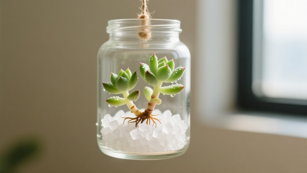 Close-up of tiny Crassula rupestris cuttings submerged in fine white silica gel crystals inside a clear glass drying jar.