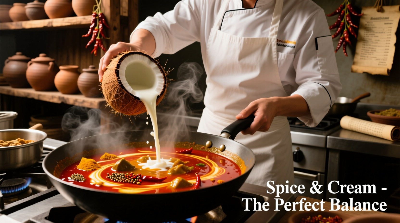 Chef adding dairy to spicy curry