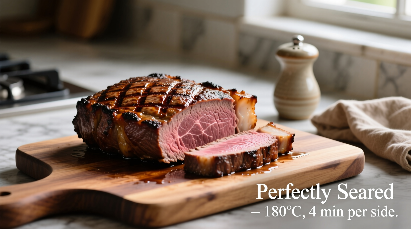 Perfectly seared sirloin roast on cutting board