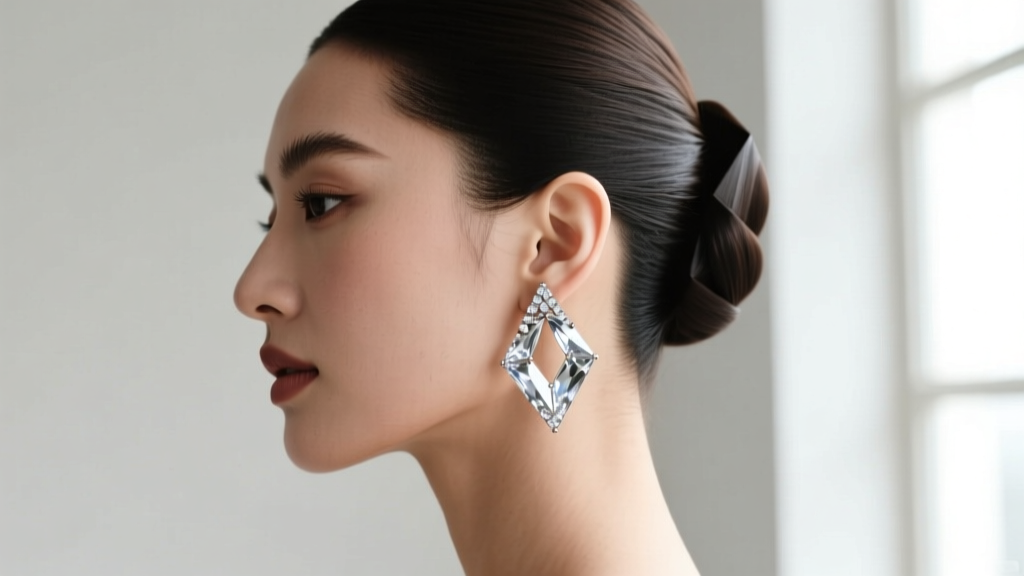Side profile of bride with updo showcasing geometric mixed-cut rhinestone ear cuffs, highlighting faceted sparkle against her jaw