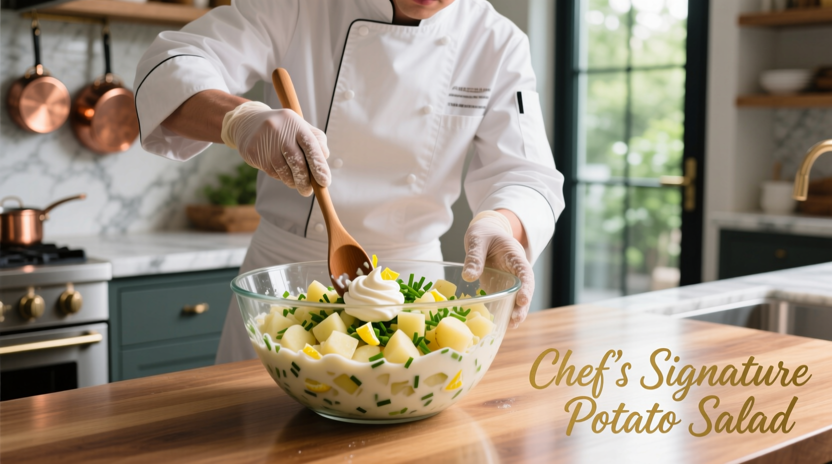 Chef mixing potato salad dressing in glass bowl
