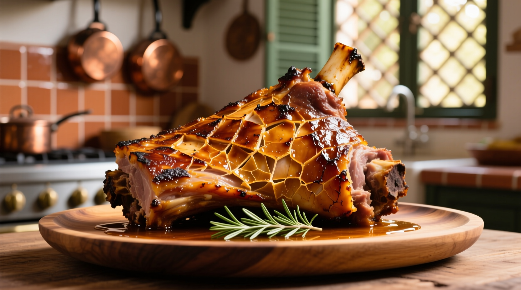 Golden brown pernil with crackling skin on serving platter