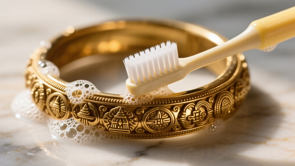 Soft-bristled baby toothbrush gently cleaning crevices of a South Indian Temple gold bangle, showing mild soapy lather on metal