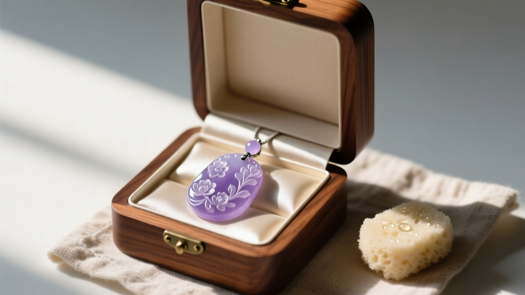 Carved lavender jade pendant stored inside a silk-lined wooden jewelry box with a small damp sponge nearby for humidity