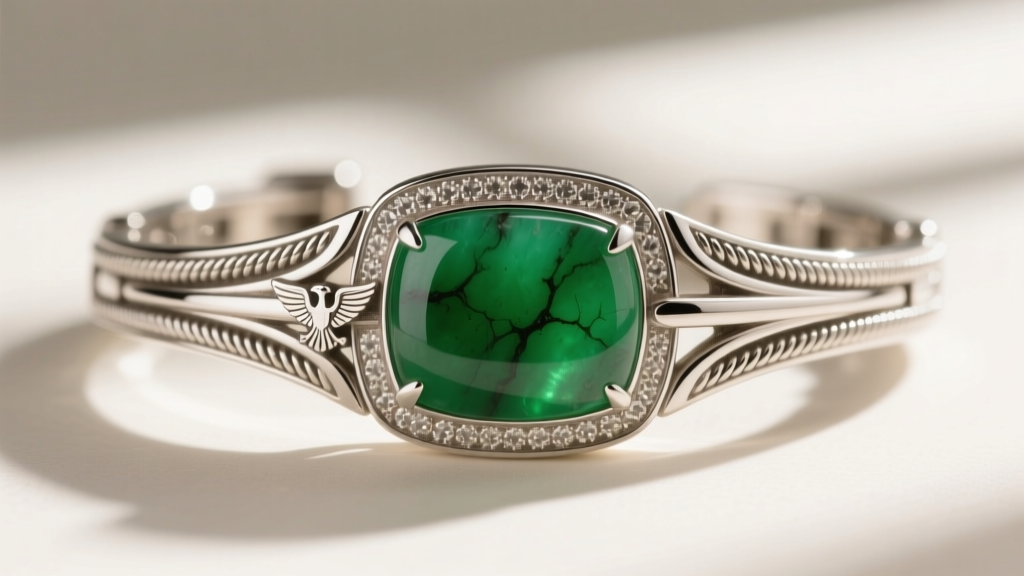 Macro shot of an Art Deco platinum and jadeite bracelet clasp showing precise millegrain detailing and a worn French eagle hallmark.