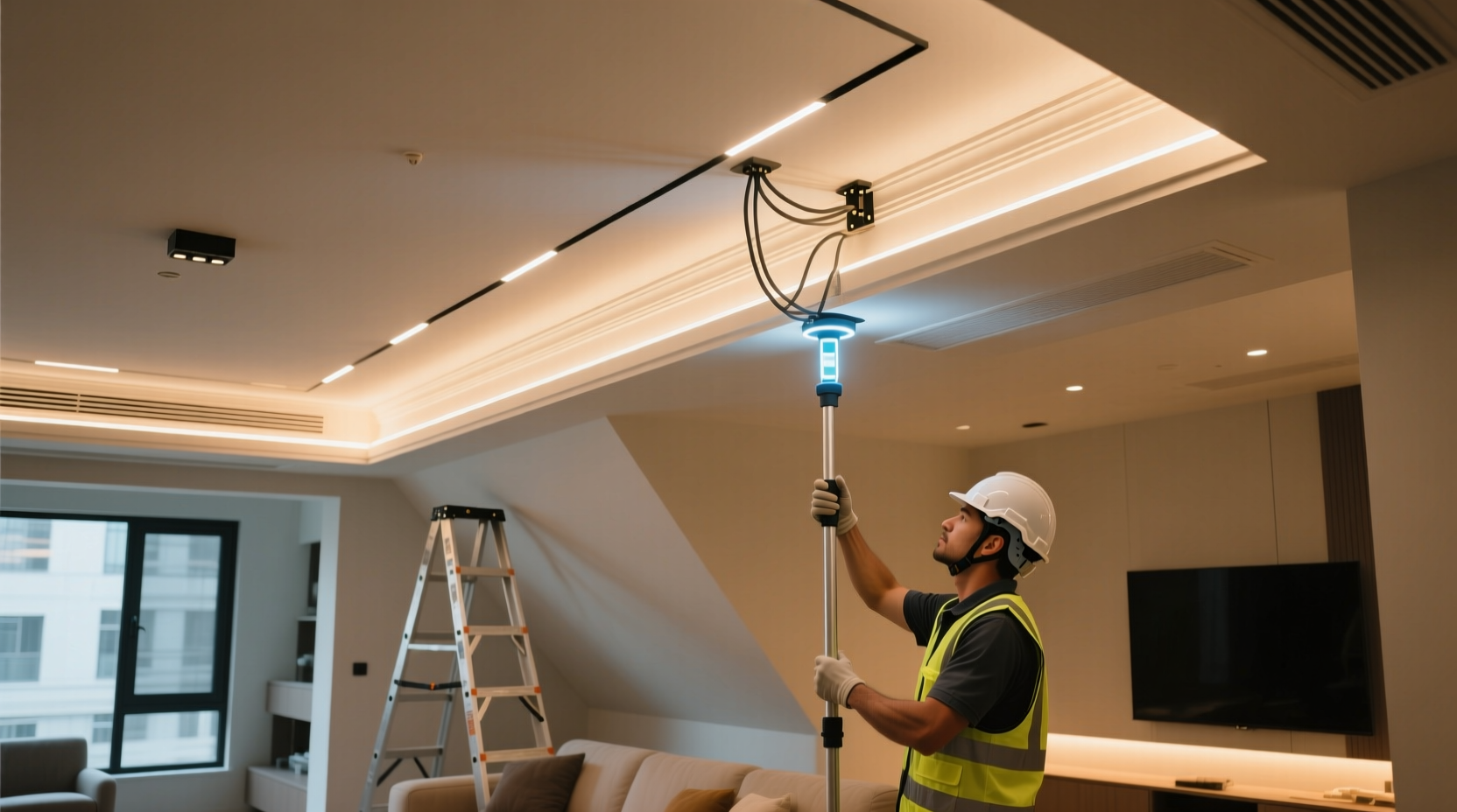 How To Hang Lights On A Sloped Ceiling Without Visible Wires Or Ladder  Dependency, image size:1664x928