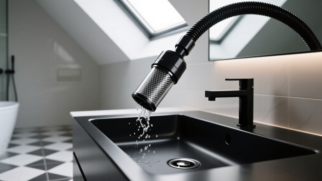 Wet-dry vacuum hose with a mesh filter secured over the nozzle, hovering just above a modern matte black bathroom sink drain.