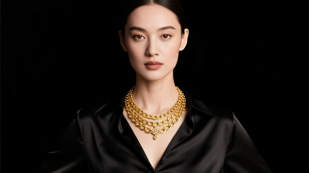 Elegant woman wearing a 24-inch gold queen necklace resting on a black silk blouse, soft studio lighting highlighting chain texture.