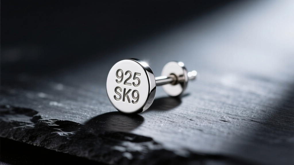 Macro shot of a sterling silver earring post stamped 925 SK9 on dark slate, soft lighting highlighting engraved text.