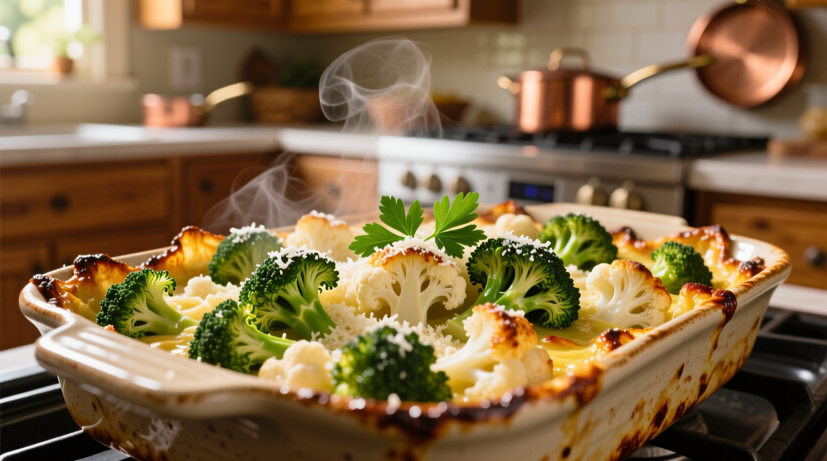 Golden broccoli cauliflower bake fresh from oven