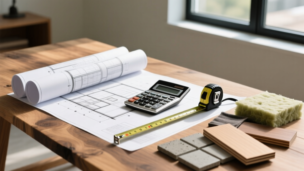 Architectural blueprints spread on a wooden table next to a calculator, tape measure, and material samples for estimating home building costs