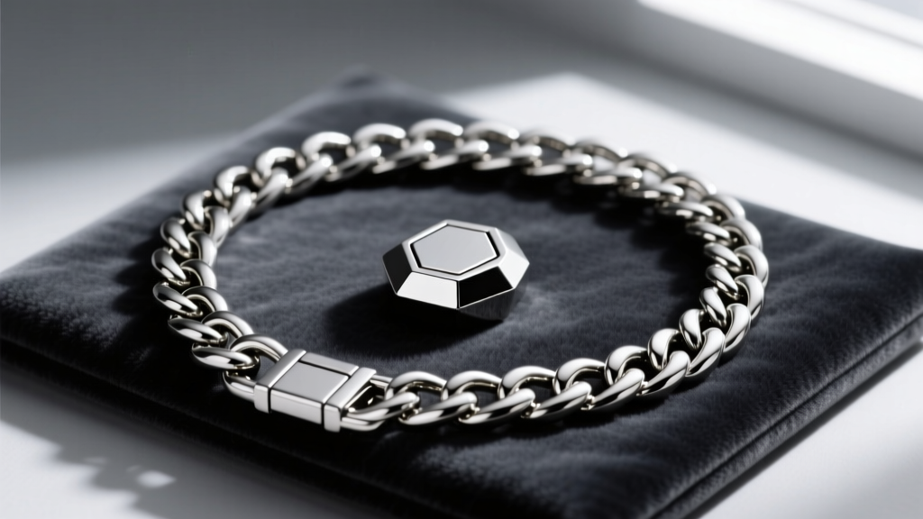 Side profile of a heavy 5mm Cuban link chain featuring a modern neodymium magnetic clasp converter, resting on a dark velvet pad.
