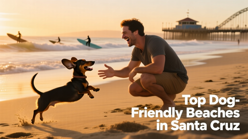 A pet parent playing with their dachshund on a Santa Cruz beach as the sun sets