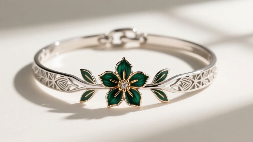 Macro photo of a sterling silver botanical choker with guilloché enamel flower, showing fine metalwork and a small lobster clasp