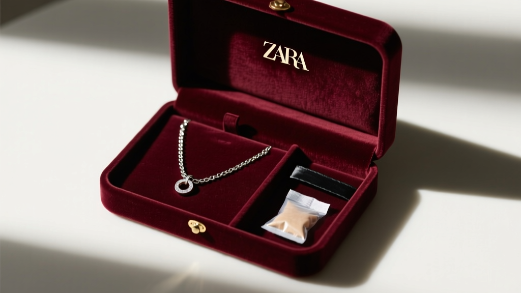 Velvet jewelry box holding a Zara charm necklace stored with a black anti-tarnish strip and silica gel packet, top view.