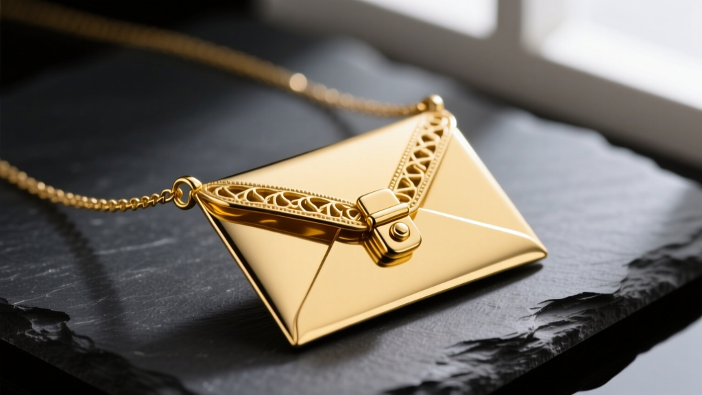 Close-up of a 14k yellow gold envelope necklace on dark slate, highlighting the tiny functional hinge and latch mechanism.