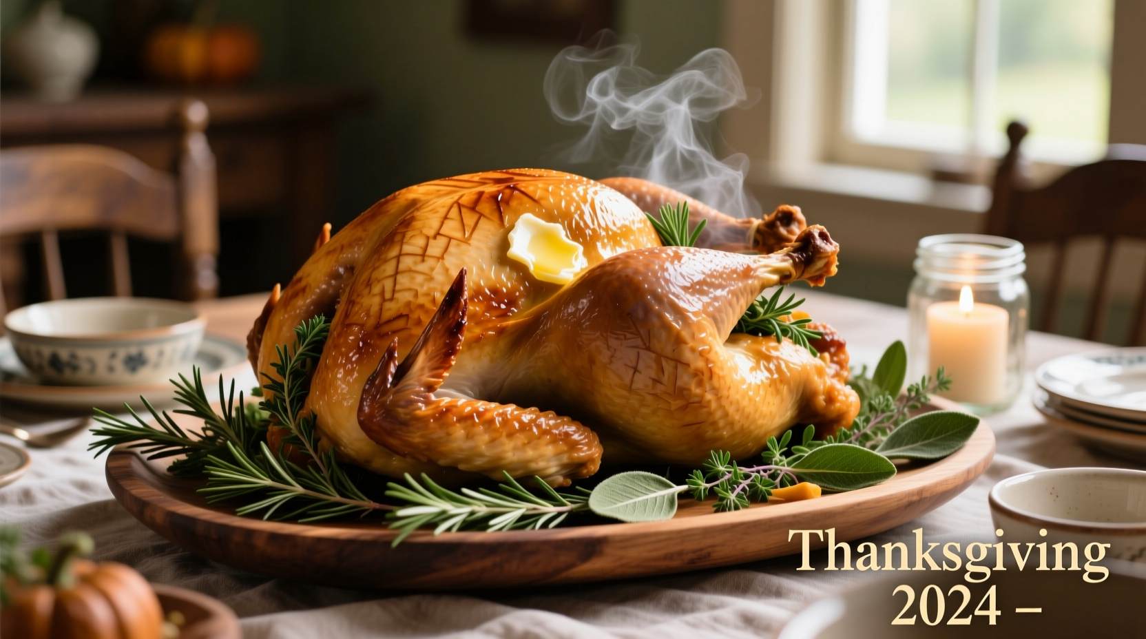 Large roasted turkey on platter with herbs