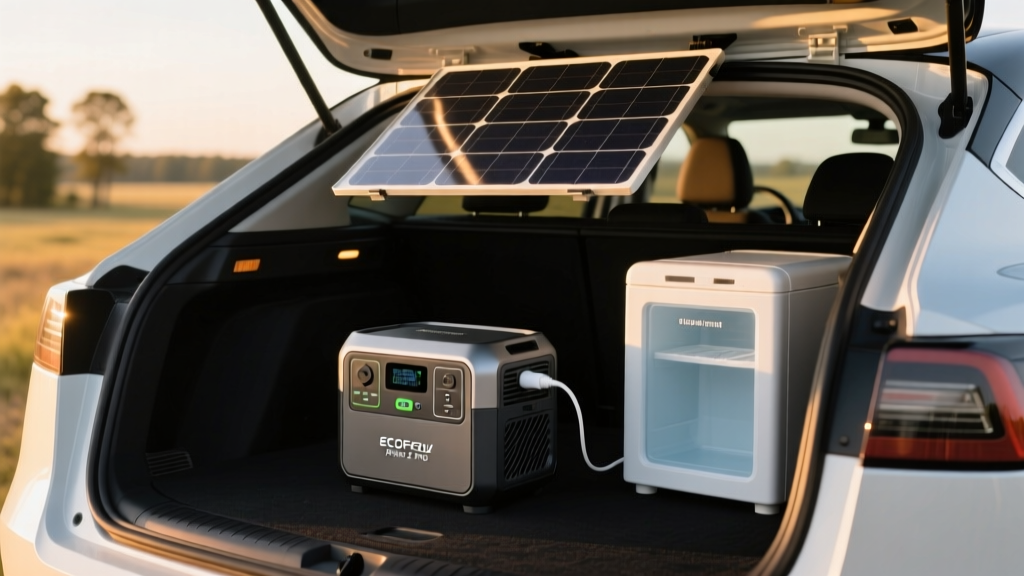 EcoFlow River 2 Pro portable power station sitting on the trunk floor of an electric vehicle charging a mini fridge via a 110W solar panel outside
