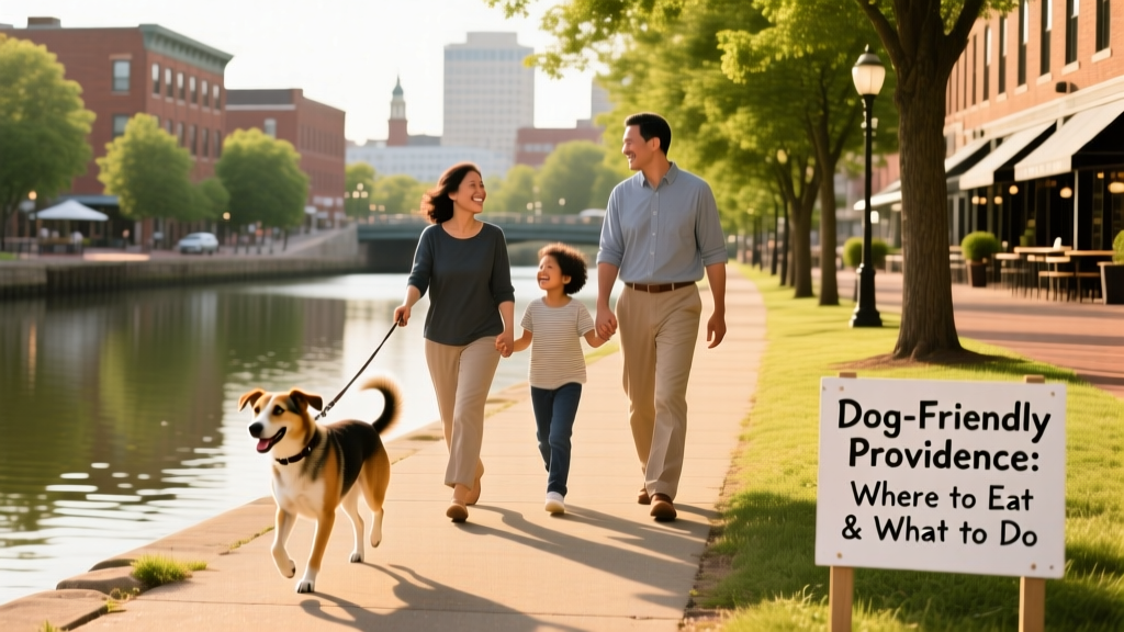 A family walking their dog along a scenic riverside path in downtown Providence