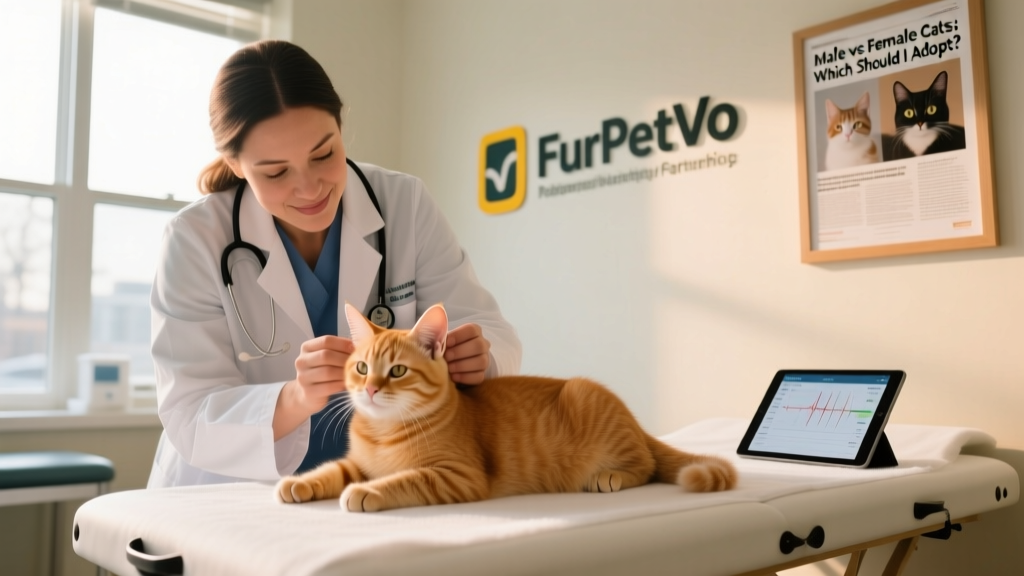 A veterinarian gently examining a calm, relaxed kitten during a routine wellness checkup at a FurPetVo partner clinic