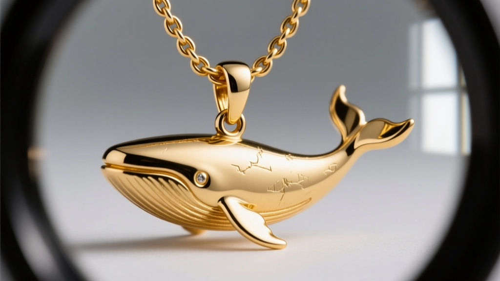 Jeweler loupe view of a soldered jump ring bale connecting a heavy solid gold whale fluke pendant to a sturdy 1.2mm wheat chain
