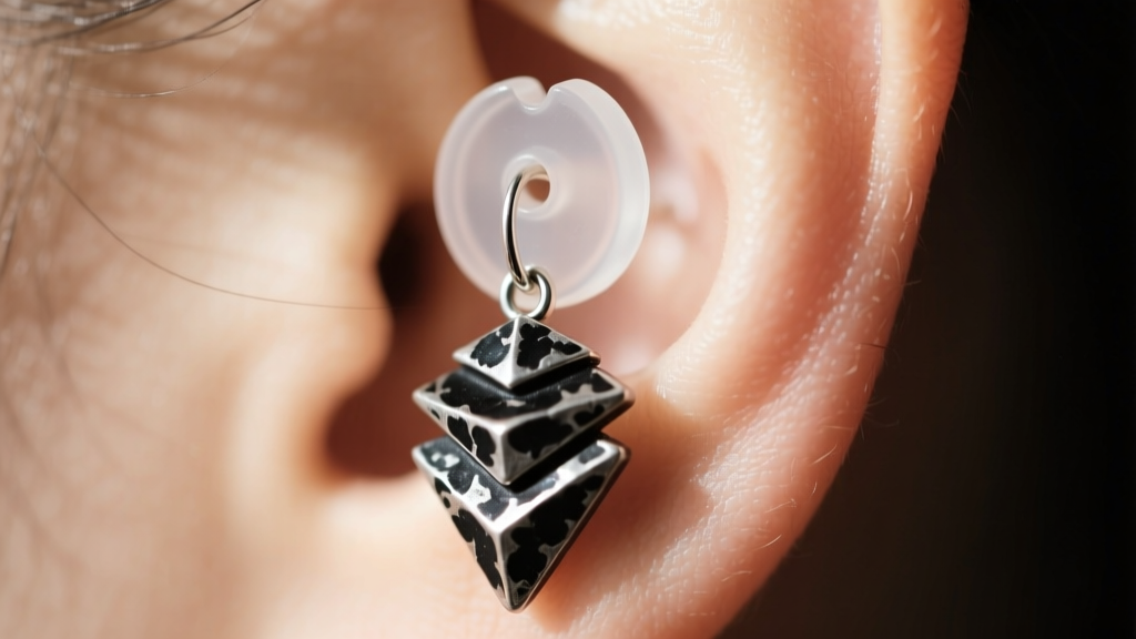 Macro shot of clear silicone earring support pad placed behind a heavy black oxidized silver dangle earring on a pierced ear lobe.