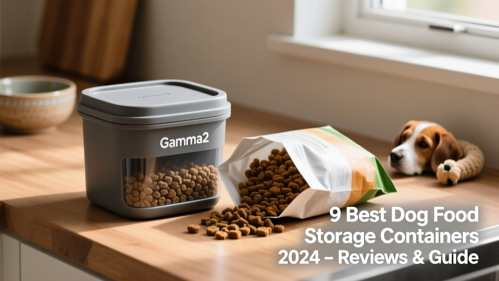 Gamma2 container sealed tightly next to open bag of kibble, showing freshness preservation
